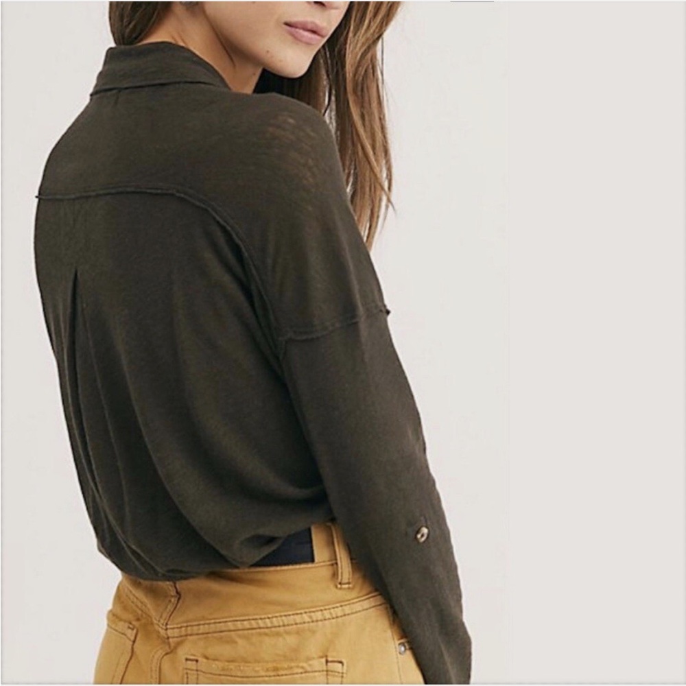 Free People Penelope Button Down Linen/Cotton Long Sleeve Top in Army, Size XS - Picture 3 of 10